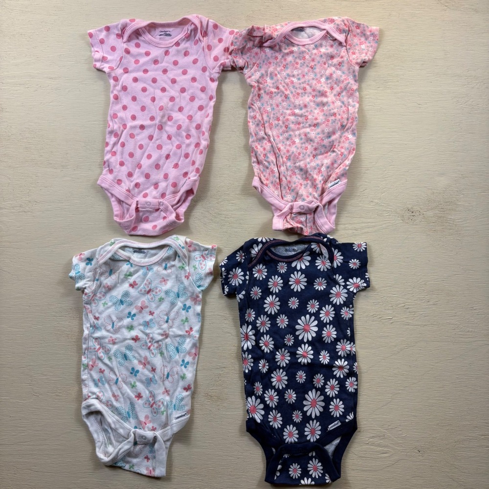 Gerber Baby Girls 12M Onesies bodysuits Lot of 4 Pink Floral Butterfly Polka